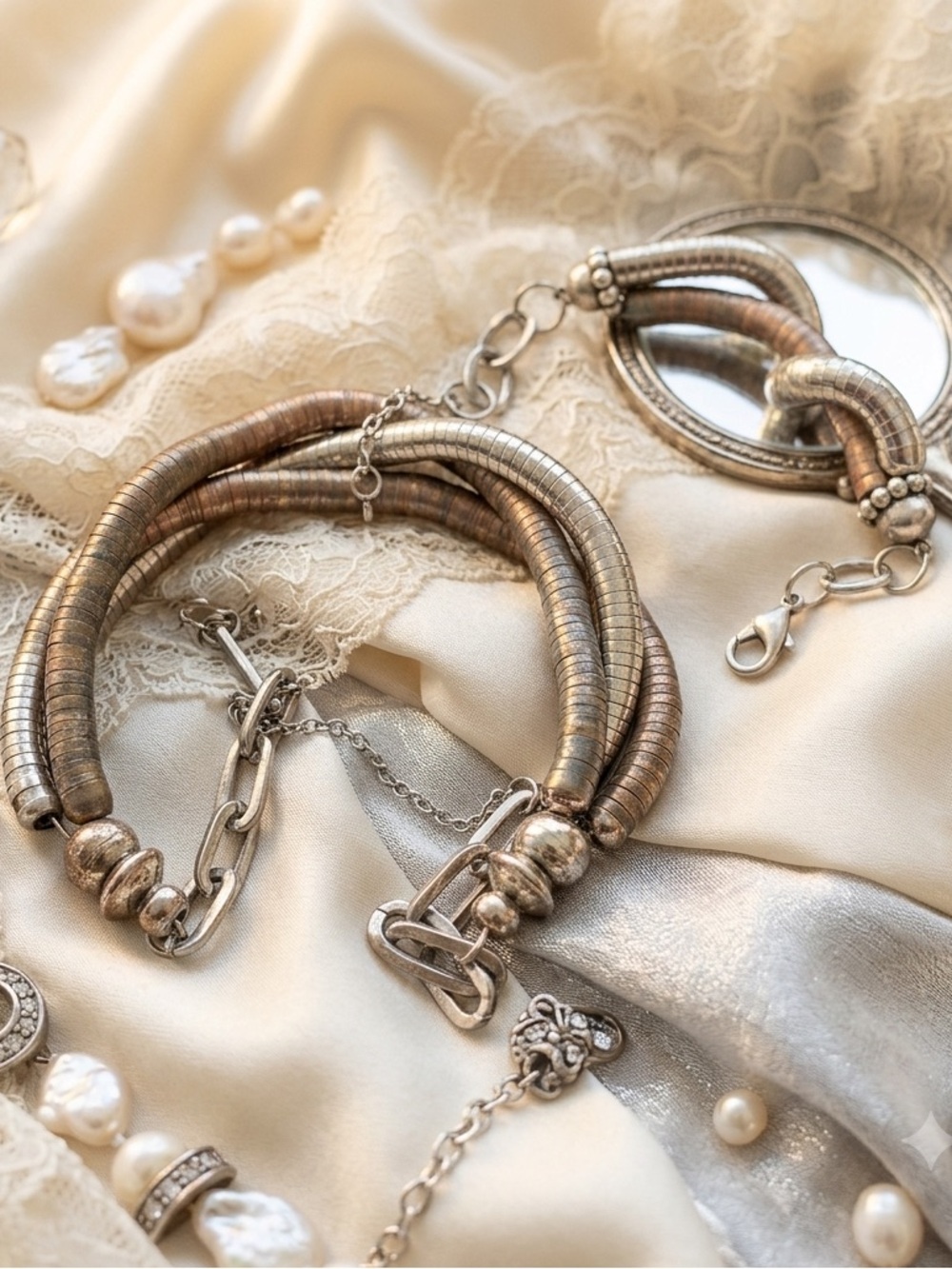 Vintage Retro coil Snake Necklace & Bracelet 2PC Set Bear clasp Copper & Silver